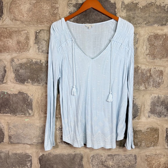 Lucky Brand Tops - Lucky Brand Women's Blue Embroidered V-Neck Peasant Blouse Tassels Boho Large‎